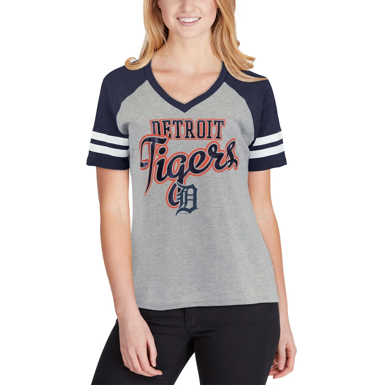 Women's Detroit Tigers G-III 4Her By Carl Banks Gray/Navy Goal Line Raglan V-Neck T-Shirt - Image 4
