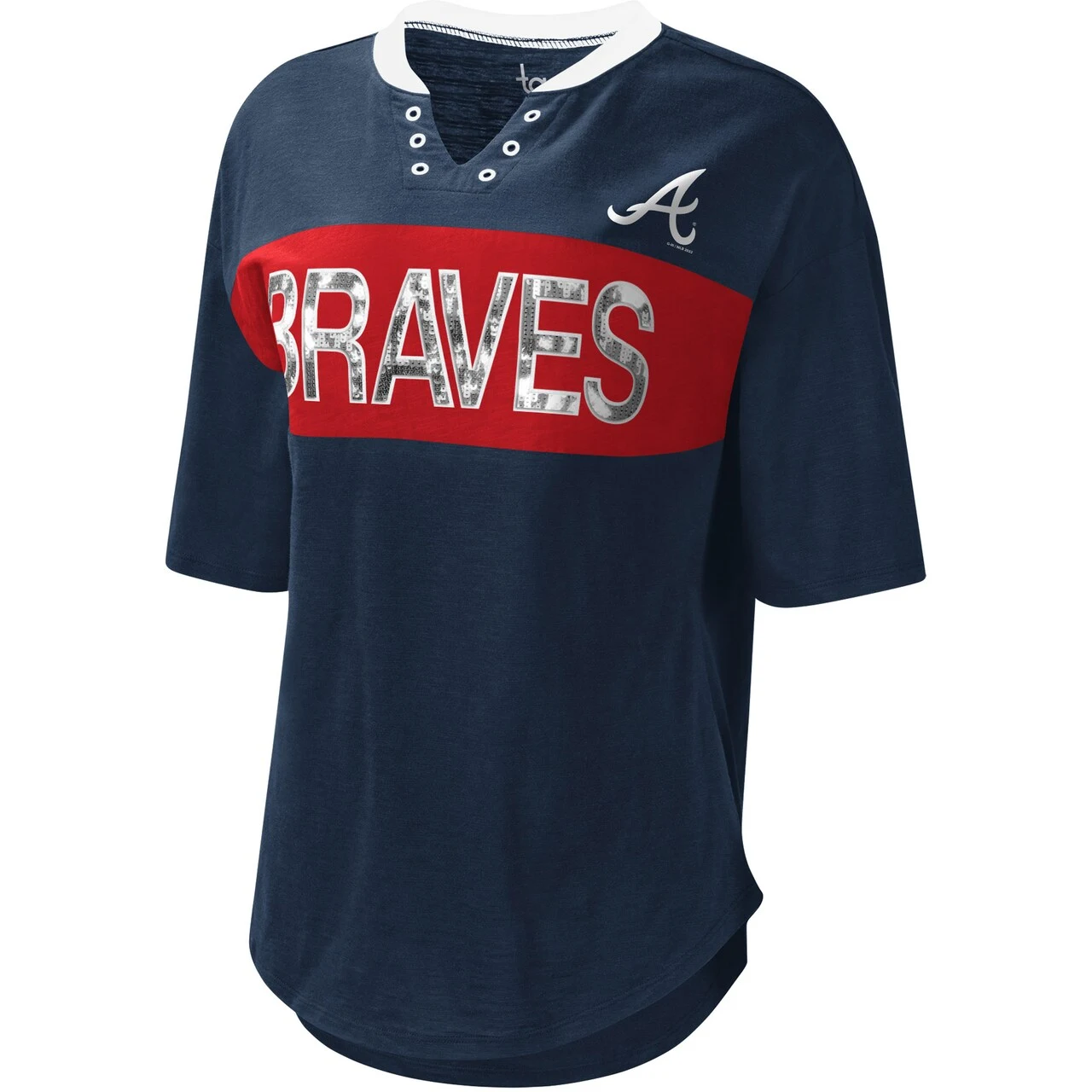 Women's Atlanta Braves Touch Navy/Red Lead Off Notch Neck T-Shirt - Image 2