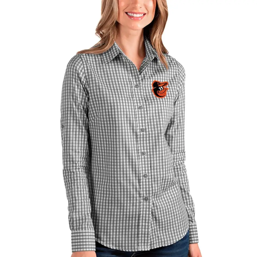 Women's Baltimore Orioles Antigua Black/White Structure Button-Up Long Sleeve Shirt