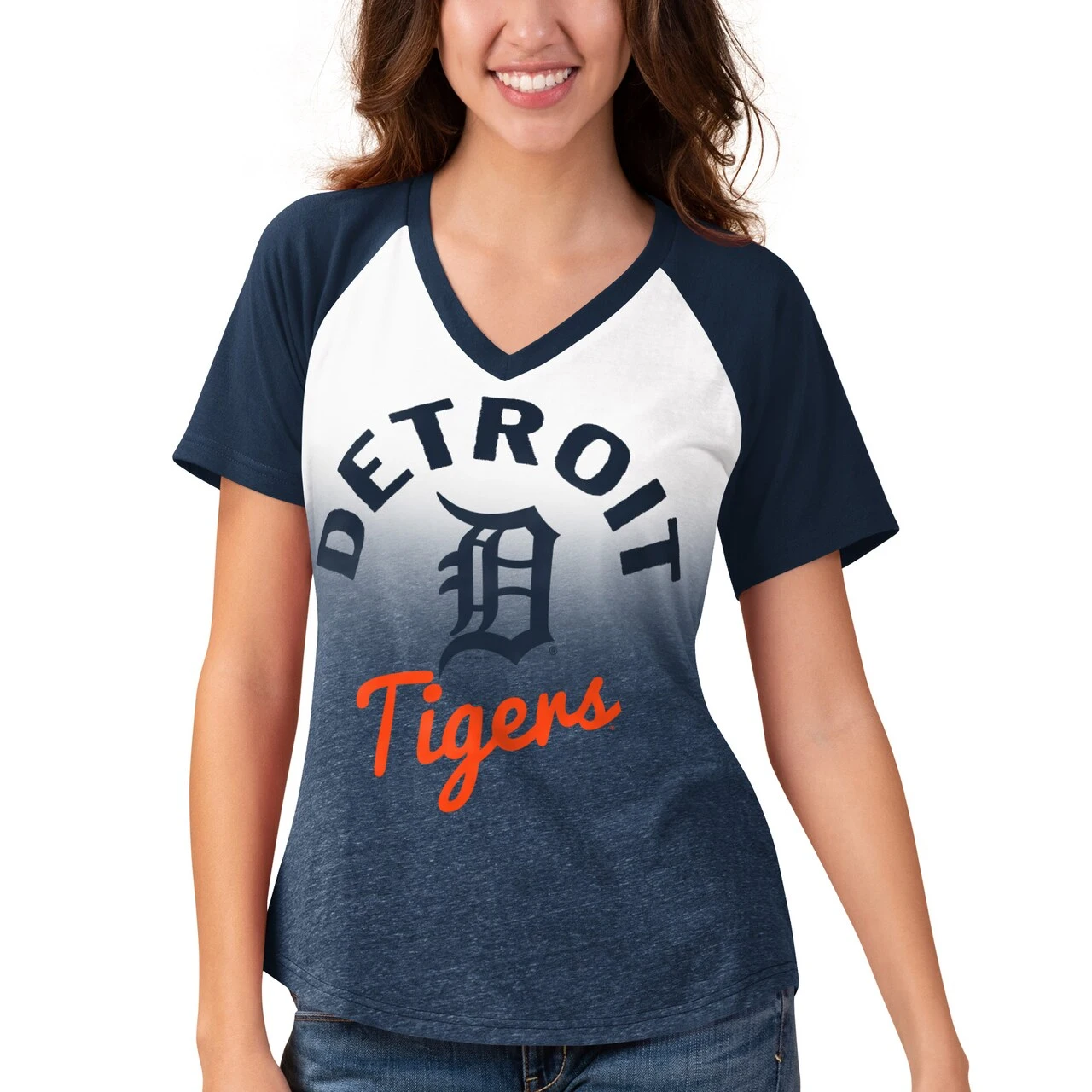 Touch Women's Detroit Tigers G-III Sports By Carl Banks Navy/White Shortstop Ombre Raglan V-Neck T-Shirt - Image 4