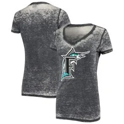 Women's Miami Marlins 5th & Ocean By New Era Black Throwback Burnout V-Neck T-Shirt