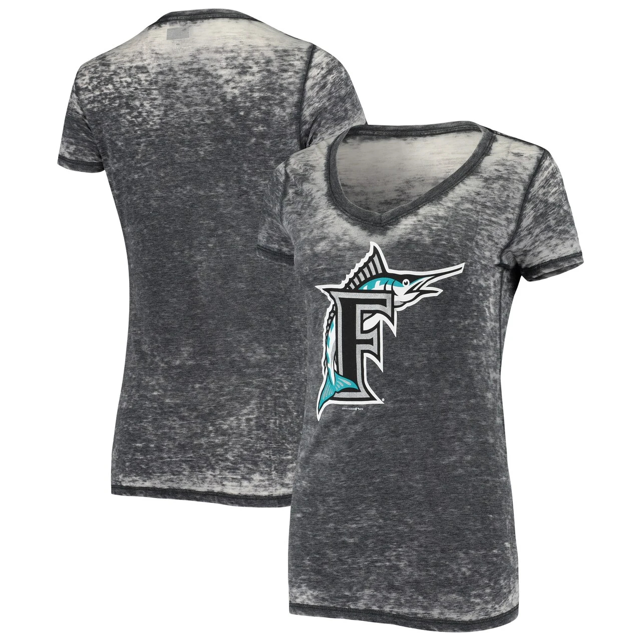 Women's Miami Marlins 5th & Ocean By New Era Black Throwback Burnout V-Neck T-Shirt