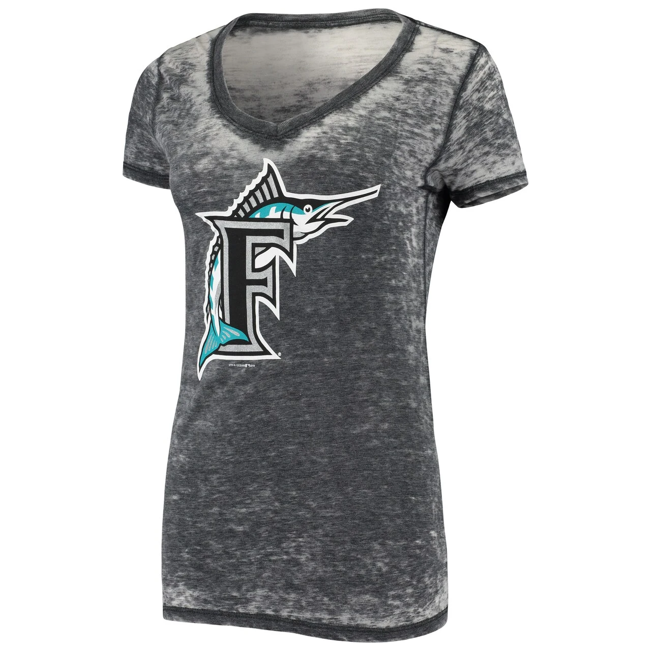 Women's Miami Marlins 5th & Ocean By New Era Black Throwback Burnout V-Neck T-Shirt - Image 2