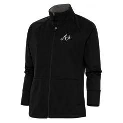 Women's Atlanta Braves Antigua Black Brushed Metallic Links Full-Zip Golf Jacket