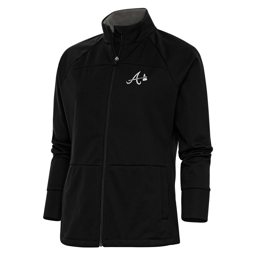 Women's Atlanta Braves Antigua Black Brushed Metallic Links Full-Zip Golf Jacket