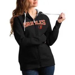 Women's Baltimore Orioles Antigua Black Team Logo Victory Full-Zip Hoodie