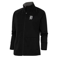 Women's Detroit Tigers Antigua Black Brushed Metallic Links Full-Zip Golf Jacket