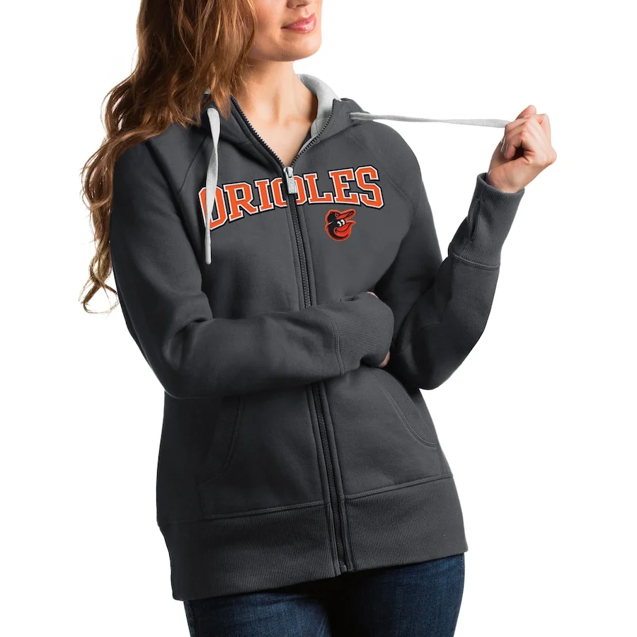 Women's Baltimore Orioles Antigua Charcoal Team Logo Victory Full-Zip Hoodie