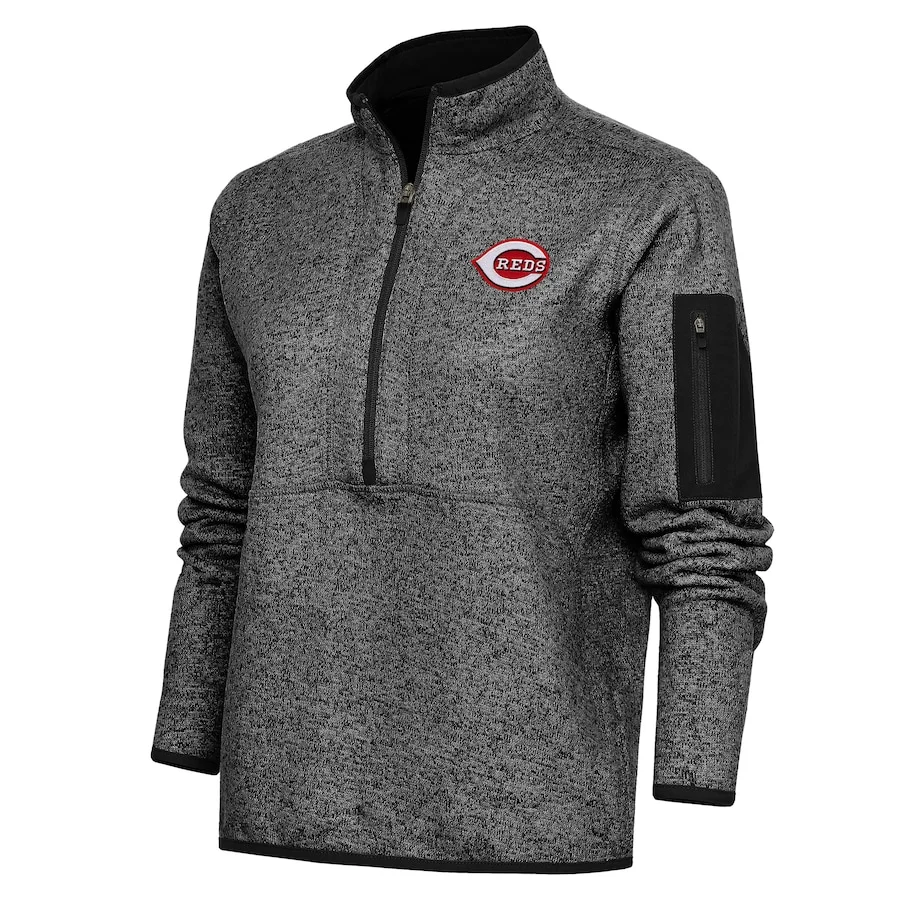 Women's Cincinnati Reds Antigua Heather Black Logo Fortune Quarter-Zip Pullover Jacket