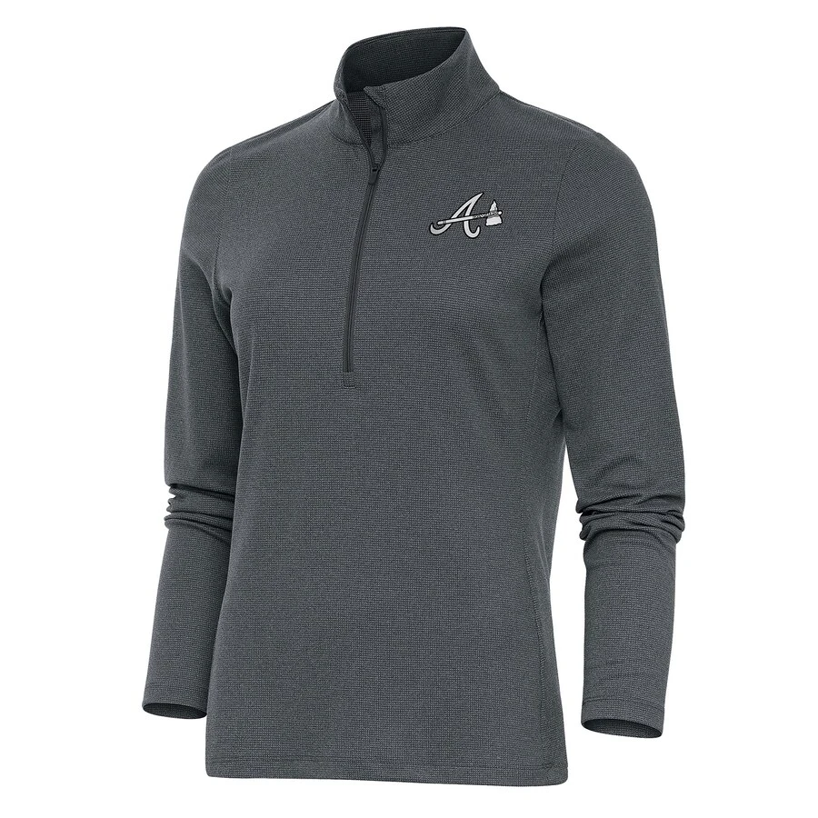 Women's Atlanta Braves Antigua Heather Charcoal Brushed Metallic Epic Half-Zip Pullover Top