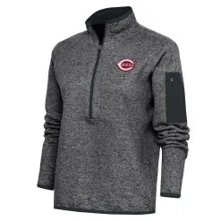 Women's Cincinnati Reds Antigua Heather Charcoal Logo Fortune Quarter-Zip Pullover Jacket