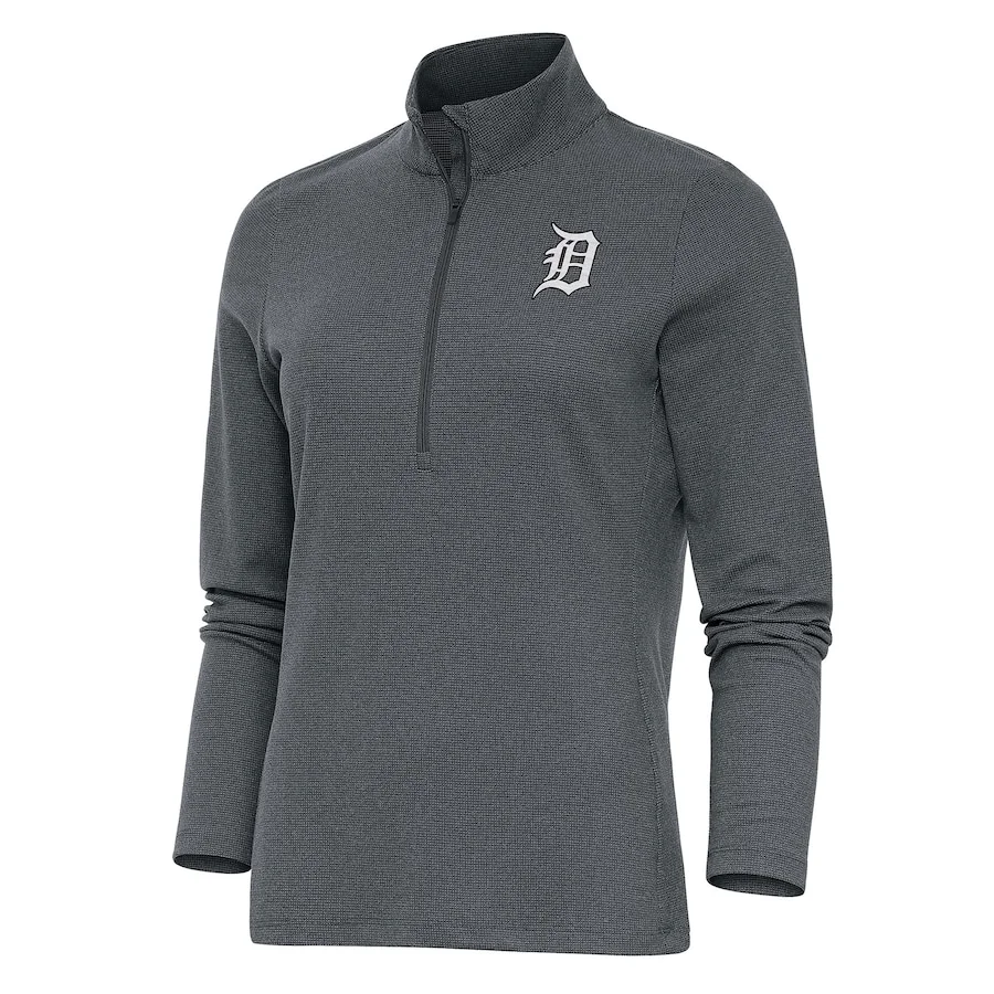 Women's Detroit Tigers Antigua Heather Charcoal Brushed Metallic Epic Half-Zip Pullover Top