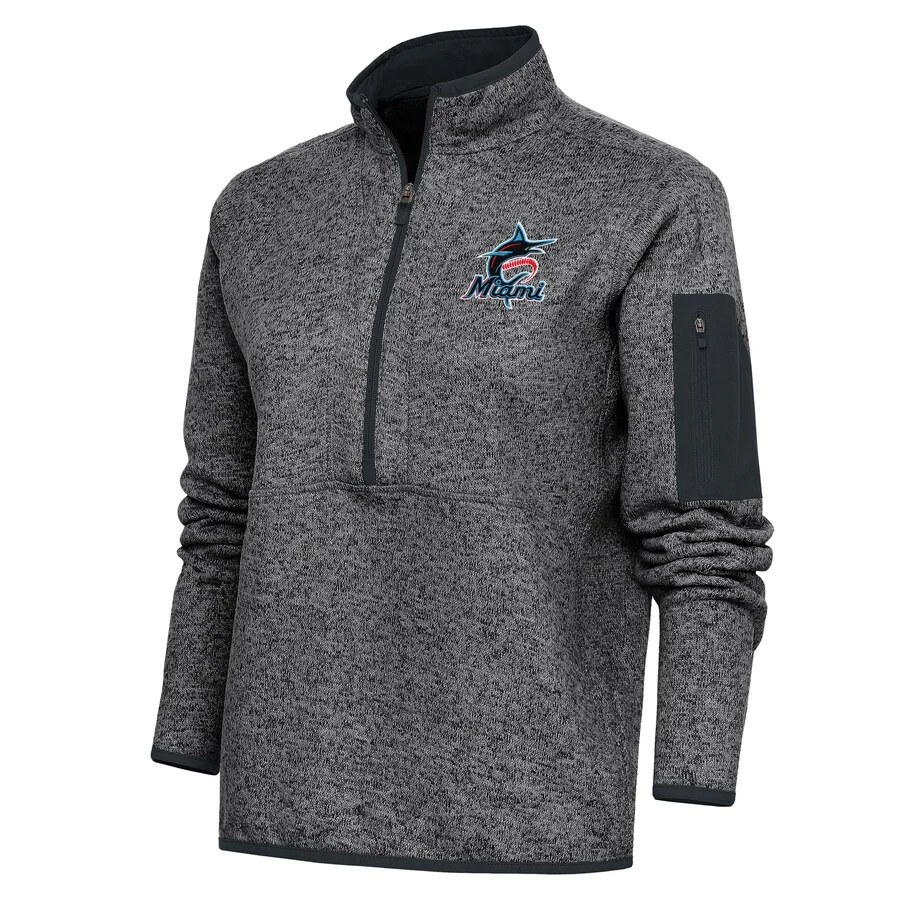 Women's Miami Marlins Antigua Heather Charcoal Logo Fortune Quarter-Zip Pullover Jacket