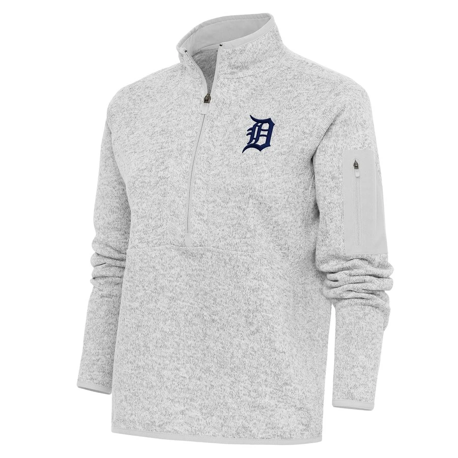 Women's Detroit Tigers Antigua Heather Gray Logo Fortune Quarter-Zip Pullover Jacket