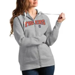 Women's Detroit Tigers Antigua Heather Gray Team Logo Victory Full-Zip Hoodie