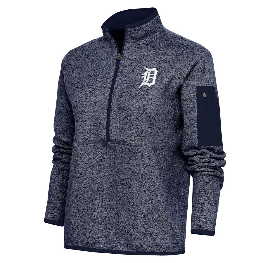 Women's Detroit Tigers Antigua Heather Navy Logo Fortune Quarter-Zip Pullover Jacket