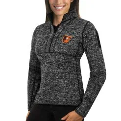 Women's Baltimore Orioles Antigua Heathered Black Fortune Half-Zip Pullover Sweater