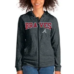 Women's Atlanta Braves Antigua Heathered Charcoal Wordmark Absolute Full-Zip Hoodie