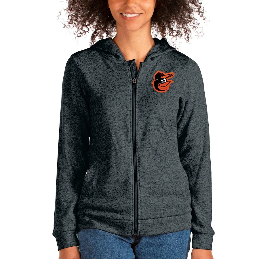 Women's Antigua Heathered Charcoal Baltimore Orioles Team Absolute Full-Zip Hoodie