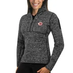 Women's Cincinnati Reds Antigua Heathered Charcoal Fortune Half-Zip Pullover Sweater