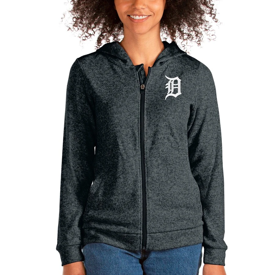 Women's Antigua Heathered Charcoal Detroit Tigers Team Absolute Full-Zip Hoodie
