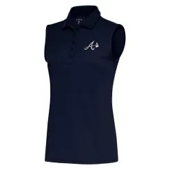Women's Atlanta Braves Antigua Navy Brushed Metallic Sleeveless Tribute Polo