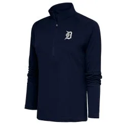 Women's Detroit Tigers Antigua Navy Brushed Metallic Tribute Half-Zip Pullover Top