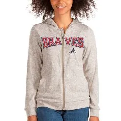 Women's Atlanta Braves Antigua Oatmeal Wordmark Absolute Full-Zip Hoodie