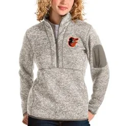Women's Baltimore Orioles Antigua Oatmeal Fortune Quarter-Zip Pullover Jacket