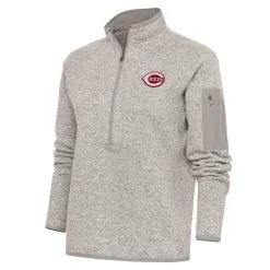 Women's Cincinnati Reds Antigua Oatmeal Logo Fortune Quarter-Zip Pullover Jacket