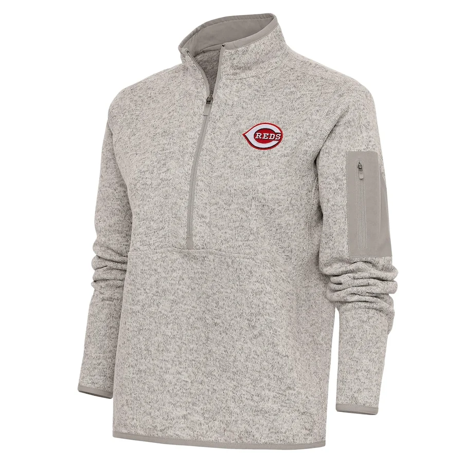 Women's Cincinnati Reds Antigua Oatmeal Logo Fortune Quarter-Zip Pullover Jacket