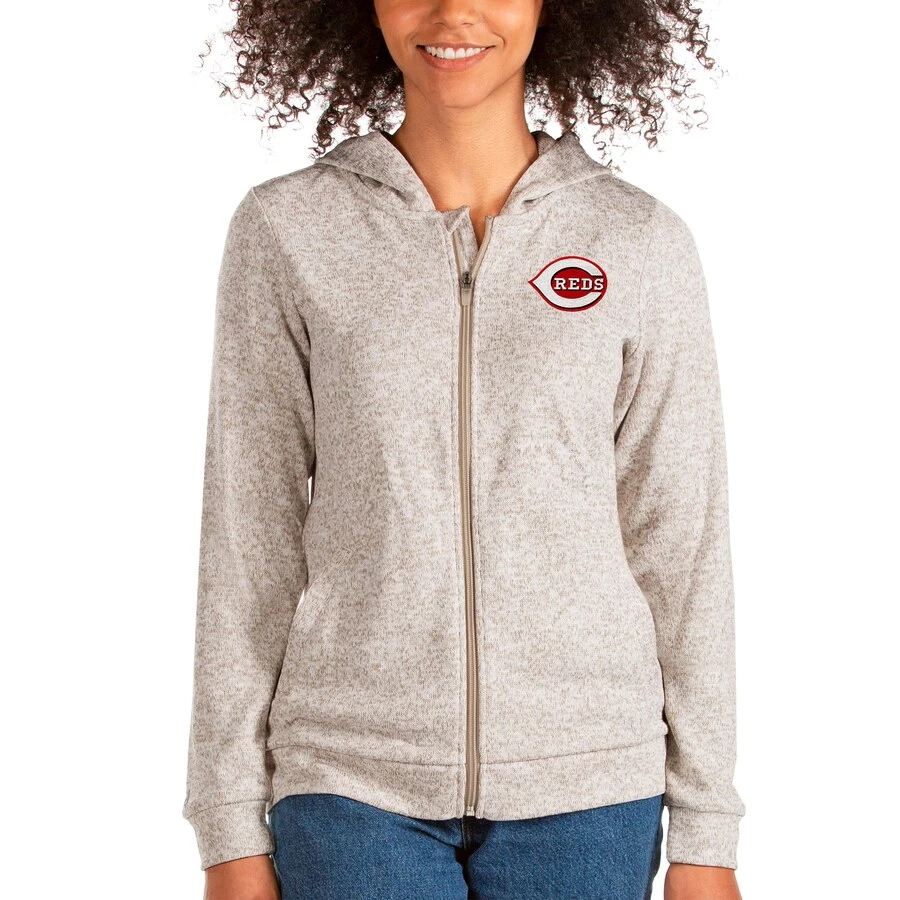 Women's Cincinnati Reds Antigua Oatmeal Team Absolute Full-Zip Hoodie