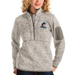 Women's Miami Marlins Antigua Oatmeal Fortune Quarter-Zip Pullover Jacket