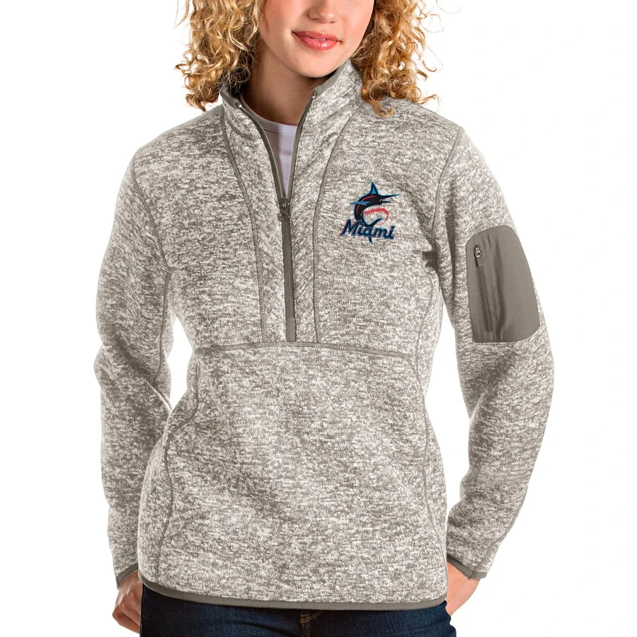Women's Miami Marlins Antigua Oatmeal Fortune Quarter-Zip Pullover Jacket