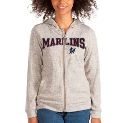 Women's Miami Marlins Antigua Oatmeal Wordmark Absolute Full-Zip Hoodie