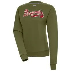Women's Atlanta Braves Antigua Olive Victory Pullover Sweatshirt