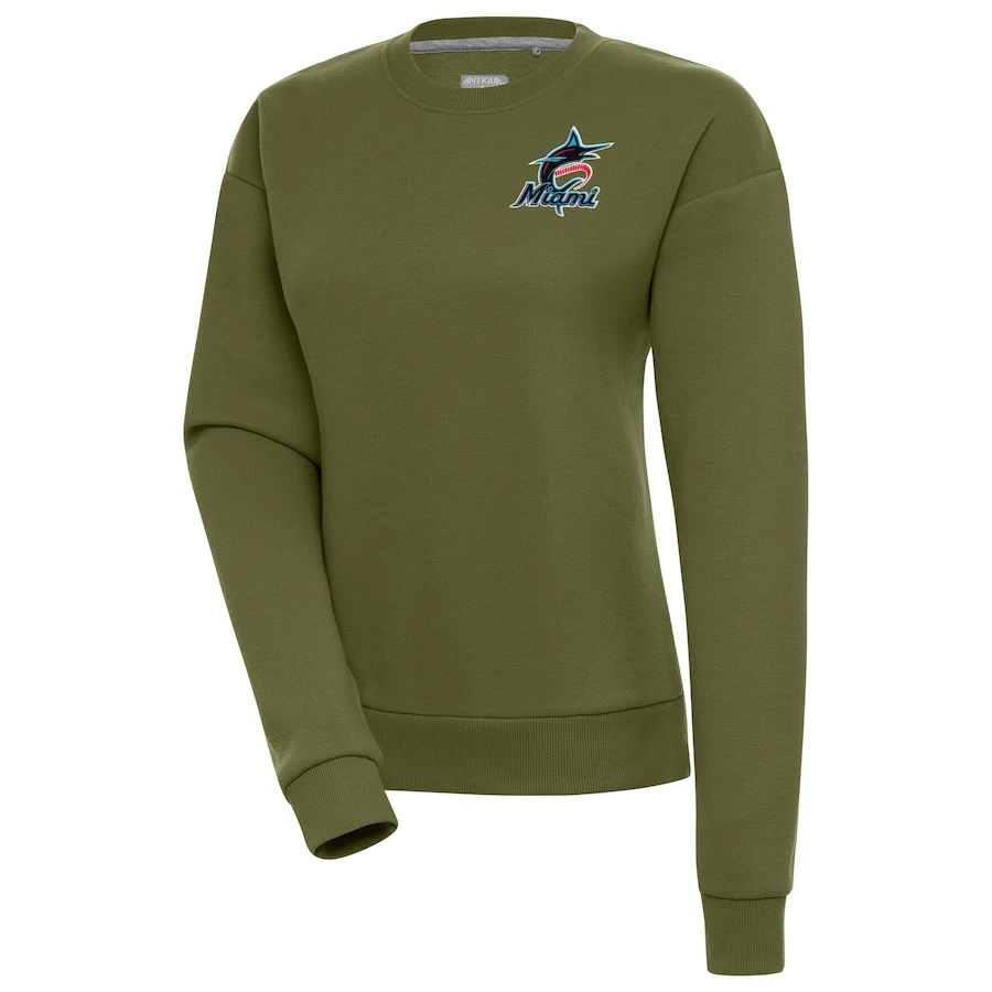 Women's Miami Marlins Antigua Olive Victory Pullover Sweatshirt