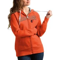 Women's Baltimore Orioles Antigua Orange Team Logo Victory Full-Zip Hoodie
