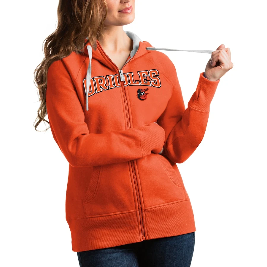Women's Baltimore Orioles Antigua Orange Team Logo Victory Full-Zip Hoodie