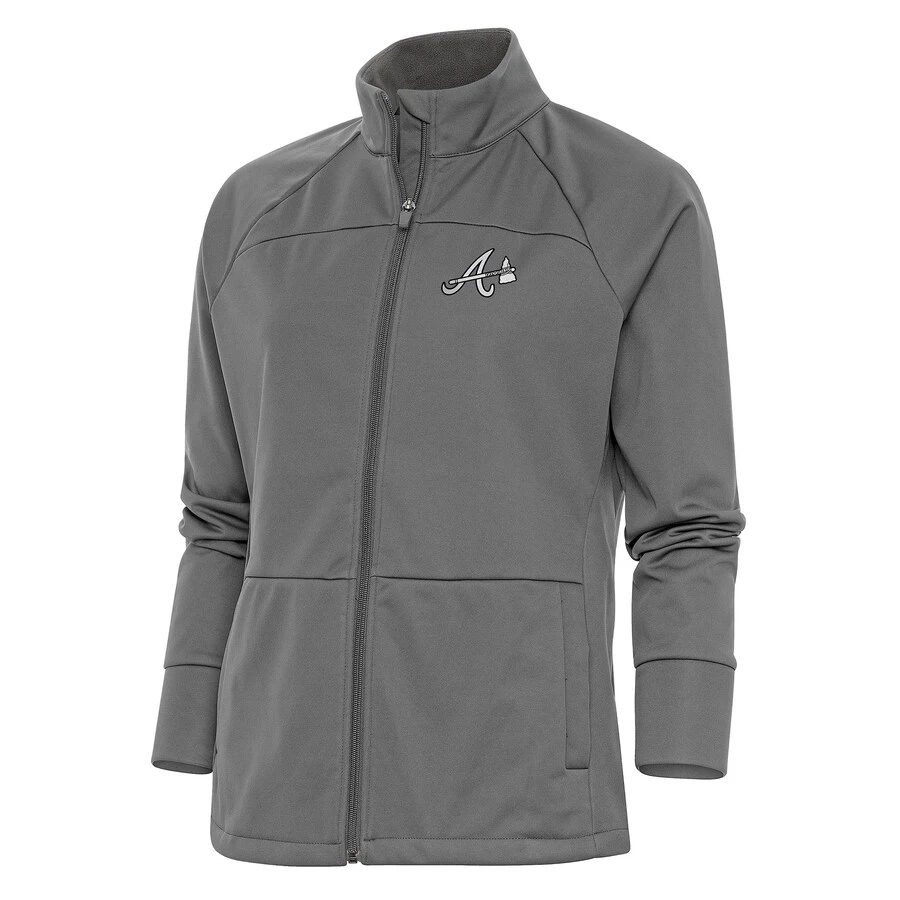 Women's Atlanta Braves Antigua Steel Brushed Metallic Links Full-Zip Golf Jacket