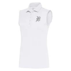 Women's Detroit Tigers Antigua White Brushed Metallic Sleeveless Tribute Polo