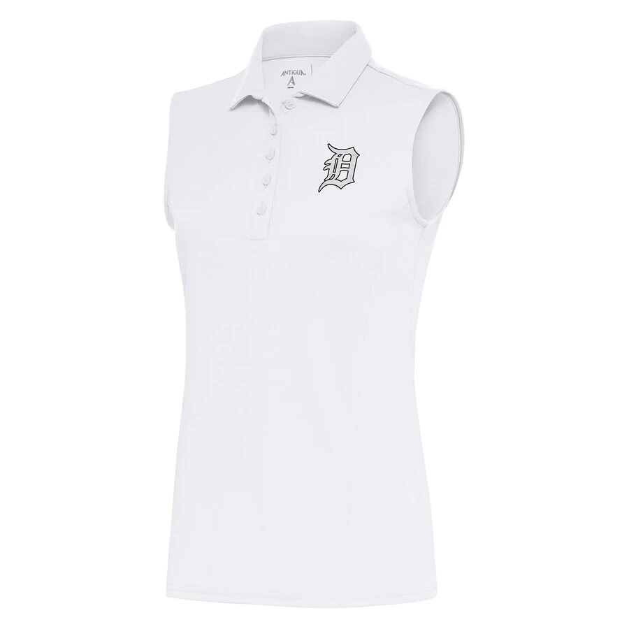 Women's Detroit Tigers Antigua White Brushed Metallic Sleeveless Tribute Polo