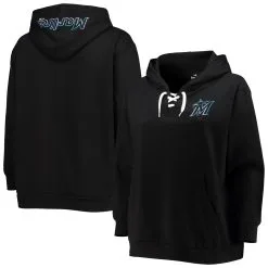 Profile Women's Miami Marlins Black Plus Size Lace-Up V-Neck Pullover Hoodie