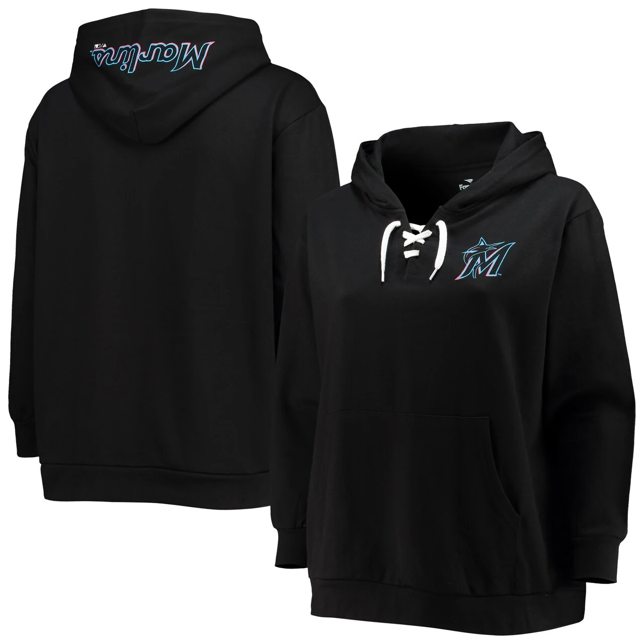 Profile Women's Miami Marlins Black Plus Size Lace-Up V-Neck Pullover Hoodie