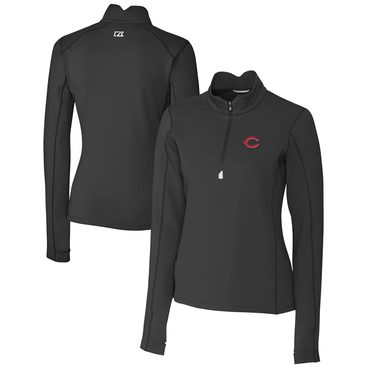 Women's Cincinnati Reds Cutter & Buck Black DryTec Traverse Stretch Quarter-Zip Pullover Top