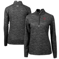 Women's Cincinnati Reds Cutter & Buck Black Traverse Camo Print Stretch Quarter-Zip Pullover Top