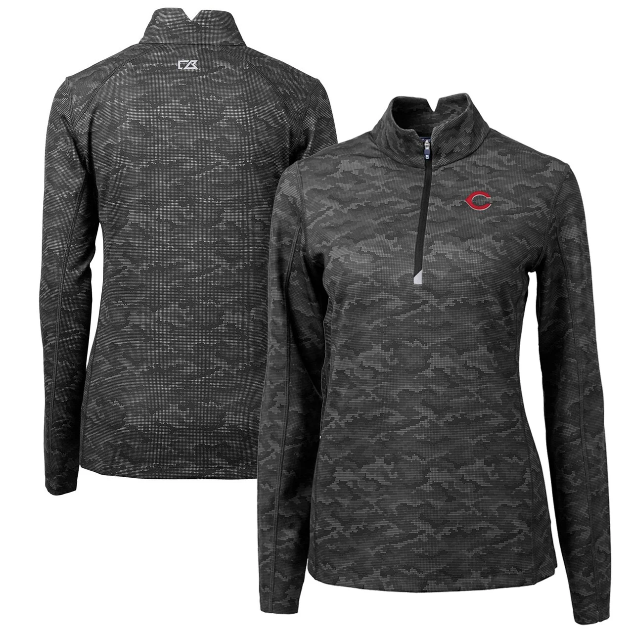Women's Cincinnati Reds Cutter & Buck Black Traverse Camo Print Stretch Quarter-Zip Pullover Top