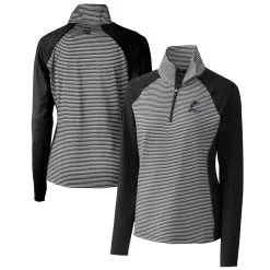 Women's Miami Marlins Cutter & Buck Black DryTec Forge Tonal Stripe Half-Zip Top