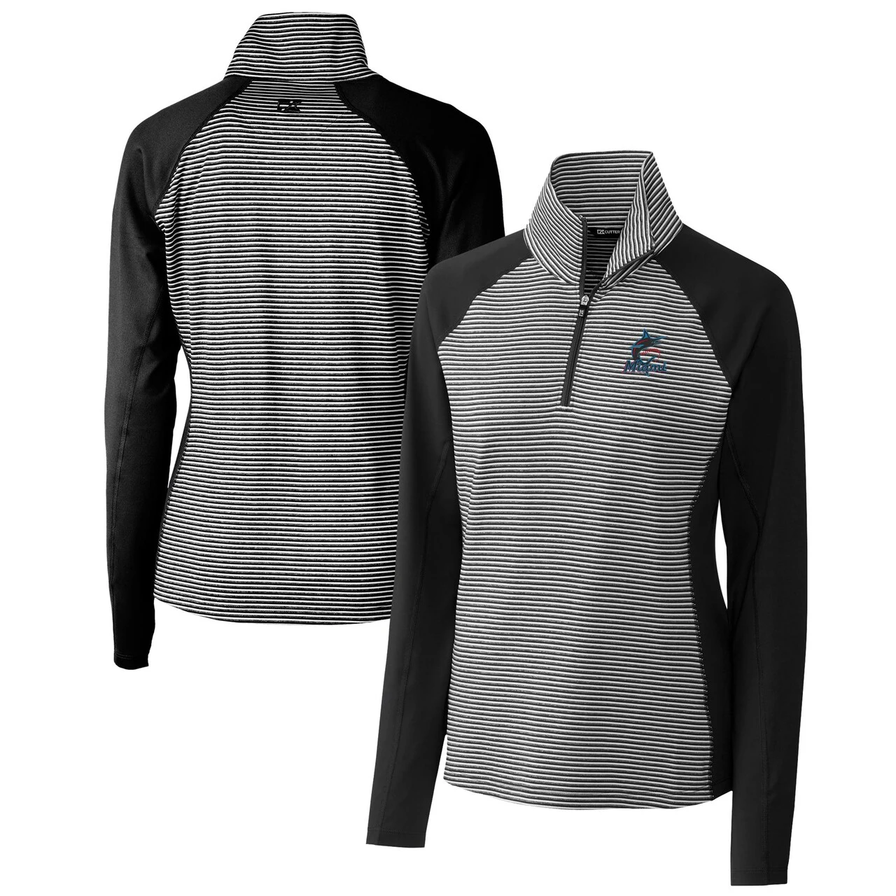 Women's Miami Marlins Cutter & Buck Black DryTec Forge Tonal Stripe Half-Zip Top