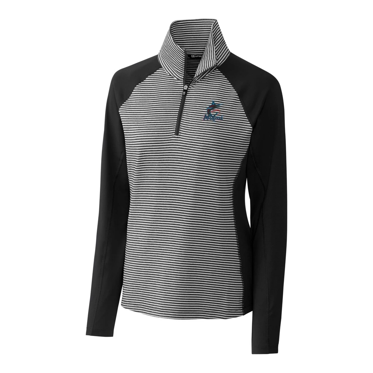 Women's Miami Marlins Cutter & Buck Black DryTec Forge Tonal Stripe Half-Zip Top - Image 2